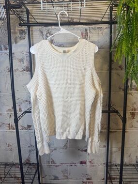 LOFT Cream Cold-Shoulder Waffle Knit Sweater
